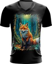 Camiseta Gola V Raposa na Floresta Fofa Desenhada 6