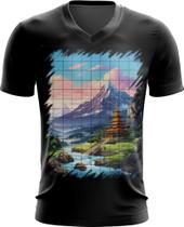 Camiseta Gola V Templo Budista Anime Buda 1