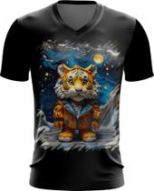 Camiseta Gola V Tigre Noite Estrelada Van Gogh 3