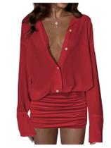 Camiseta GORGLITTER Sheer Mesh Ruched Bodycon Red para mulheres Camiseta GORGLITTER Sheer Mesh Ruched Bodycon Red para mulheres