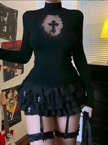 Camiseta Gótica Preta De Manga Longa Com Gola Alta Para Mulheres, Top Sexy Y2K Com Recortes Cruzados Camiseta Gótica Preta De Manga Longa Com Gola Alta Para Mulheres, Top Sexy Y2K Com Recortes Cruzados