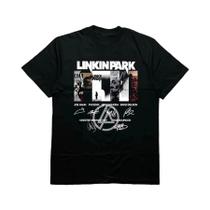 Camiseta Gráfica Masculina Preta De Algodão Com Tema Linkin Park E Assinaturas Dos Membros Estilo Camiseta Gráfica Masculina Preta De Algodão Com Tema Linkin Park E Assinaturas Dos Membros Estilo