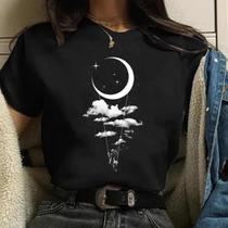 Camiseta Gráfica Preta Harajuku Moon Cartoon Para Mulheres Estilo Anos 90 Casual Camiseta Kawaii