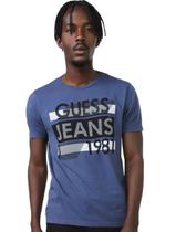 Camiseta Guess Masculina Silk Logo Scratchs Azul Índigo