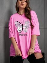 Camiseta Happiness Estampada Borboleta Frase Felicidade Life Style Oversized Manga Curta Ombro Caido T-shirt Feminino