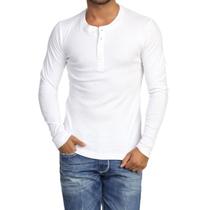 Camiseta HENLEY Classic Slim Fit Manga Longa Gola Redonda BRANCA Camiseta HENLEY Classic Slim Fit Manga Longa Gola Redonda BRANCA