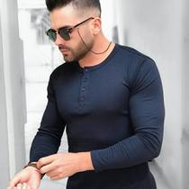 Camiseta HENLEY Masculina Slim Fit Manga Longa J SILVER - PRETA / AZUL / VINHO / MARFIM