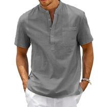 Camiseta Henley Masculina Vintage de Algodão e Linho - Manga Curta com Bolso