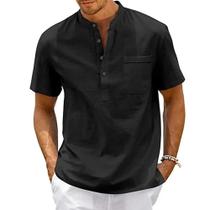 Camiseta Henley Masculina Vintage de Algodão e Linho - Manga Curta com Bolso Camiseta Henley Masculina Vintage de Algodão e Linho - Manga Curta com Bolso