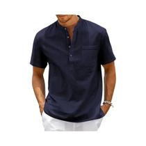 Camiseta Henley Masculina Vintage de Algodão e Linho - Manga Curta com Bolso
