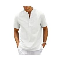 Camiseta Henley Masculina Vintage de Algodão e Linho - Manga Curta com Bolso