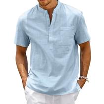 Camiseta Henley Masculina Vintage de Algodão e Linho - Manga Curta com Bolso