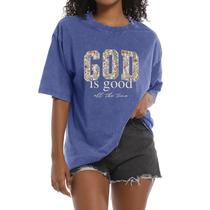 Camiseta Hiehiety Christian God is Good for Women azul tamanho S