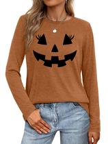 Camiseta HQP Halloween de manga comprida de abóbora para mulheres Camiseta HQP Halloween de manga comprida de abóbora para mulheres