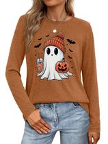 Camiseta HQP Halloween de manga comprida de abóbora para mulheres Camiseta HQP Halloween de manga comprida de abóbora para mulheres