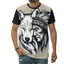 Camiseta Indígena Com Cachorro Lobo Tribo Aldeia Cocar Arte