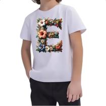 Camiseta Infantil Alfabeto Floral Letra E Camiseta Infantil Alfabeto Floral Letra E