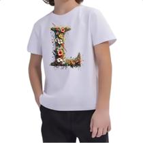 Camiseta Infantil Alfabeto Floral Letra L Camiseta Infantil Alfabeto Floral Letra L