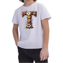 Camiseta Infantil Alfabeto Floral Letra T Camiseta Infantil Alfabeto Floral Letra T