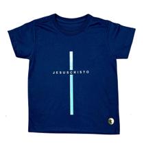 Camiseta Infantil Azul Jesus Cristo Cruz Prata Camiseta Infantil Azul Jesus Cristo Cruz Prata