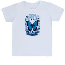 Camiseta Infantil Borboleta azul com flores e folhas