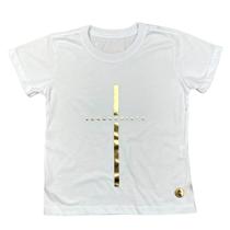 Camiseta Infantil Branca Jesus Cristo cruz dourada Algodão Penteado Premium Camiseta Infantil Branca Jesus Cristo cruz dourada Algodão Penteado Premium