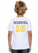 Camiseta infantil branco estampa brasil número 10 com o nome personalizado