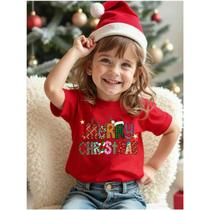 Camiseta Infantil de Natal Estampa Merry Christmas Bordado e Retalhos 658 Gorro de Natal Boneco de N