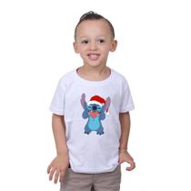 Camiseta Infantil Feliz Natal Lilo e Stitch Desenho Animado Unissex Manga Curta