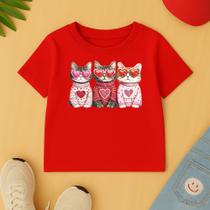 Camiseta Infantil Feminina Algodão Estampa Tres Gatinhos Modinha Escola Creche Linda Manga Curta