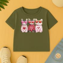 Camiseta Infantil Feminina Algodão Estampa Tres Gatinhos Modinha Escola Creche Linda Manga Curta