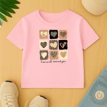 Camiseta Infantil Feminina Estamp Quadrinhos de Corações Oncinhas Fofo Menina Modinha Look Escolar