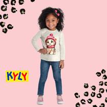 Camiseta Infantil Feminino Manga Longa em Meia Malha Onça Kyly