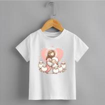 Camiseta Infantil Gola Redonda Estamp Coração Rosa Jesus Ovelhinha Delicada