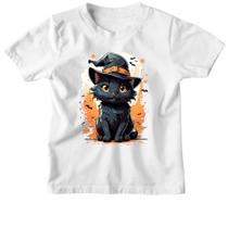 Camiseta Infantil Halloween Cute Gato Preto Bruxo