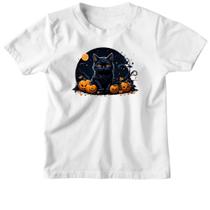 Camiseta Infantil Halloween Gato Preto Aboboras