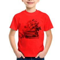 Camiseta Infantil Livros e Flores Vintage - Foca na Moda