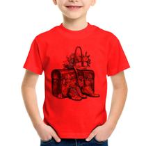 Camiseta Infantil Mala e Botas Retrô Flores - Foca na Moda