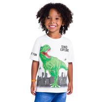 Camiseta Infantil Manga Curta Branca Dinossauro em Relevo Kyly