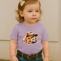 Camiseta Infantil Manga Curta Estamp Chapéu Florido Modinha Country Feminina Roça Rodeio Moda Cow