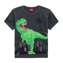 Camiseta Infantil Manga Curta Mescla Escuro Dinossauro em Relevo Kyly