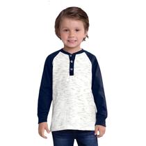 Camiseta Infantil Manga Longa Henley Azul Marinho e Mescla Milon