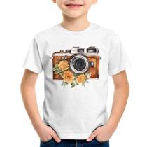 Camiseta Infantil Máquina Fotográfica Vintage e Flores - Foca na Moda
