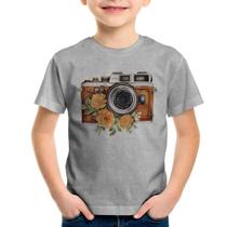 Camiseta Infantil Máquina Fotográfica Vintage e Flores - Foca na Moda