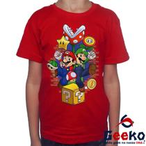 Camiseta Infantil Mario e Luigi 100% Algodão - Super Mario Bros - Geeko