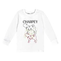Camiseta Infantil Meia Malha Manga Longa Charpey Camisa Estampada Branca Gola Redonda Pet Branca