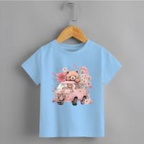 Camiseta Infantil Menina Combi Rosa Ursinho 100% Algodão Personalizada