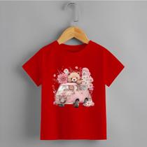 Camiseta Infantil Menina Combi Rosa Ursinho 100% Algodão Personalizada