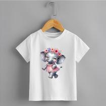 Camiseta Infantil Menina Elefante Coroa de Flores Personalizada Delicada