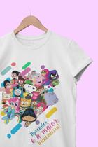 Camiseta infantil menina estampada personagens algodão branca